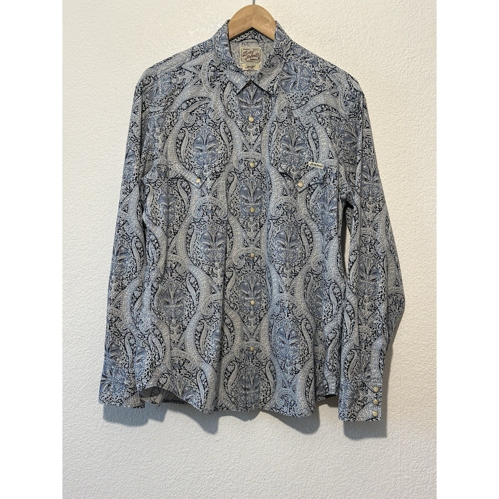 Lucky‎ Brand Mens L Blue Paisley Pearl Snap Long Sleeve Shirt Western Cowboy
